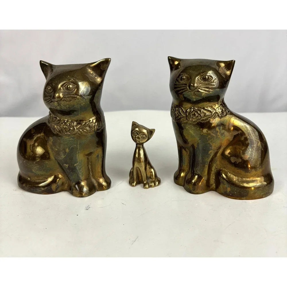 Vintage‎ Brass Cat Figurine Set Mid Century Style Kitty Family Decor Lot of 3